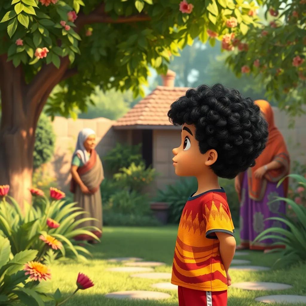 A young Arab boy, Ali, with curly black hair, wearing a colorful t-shirt and shorts, standing thoughtfully while watching his grandmother talk to a neighbor in a lush garden, digital art, warm colors, storytelling feel, high quality