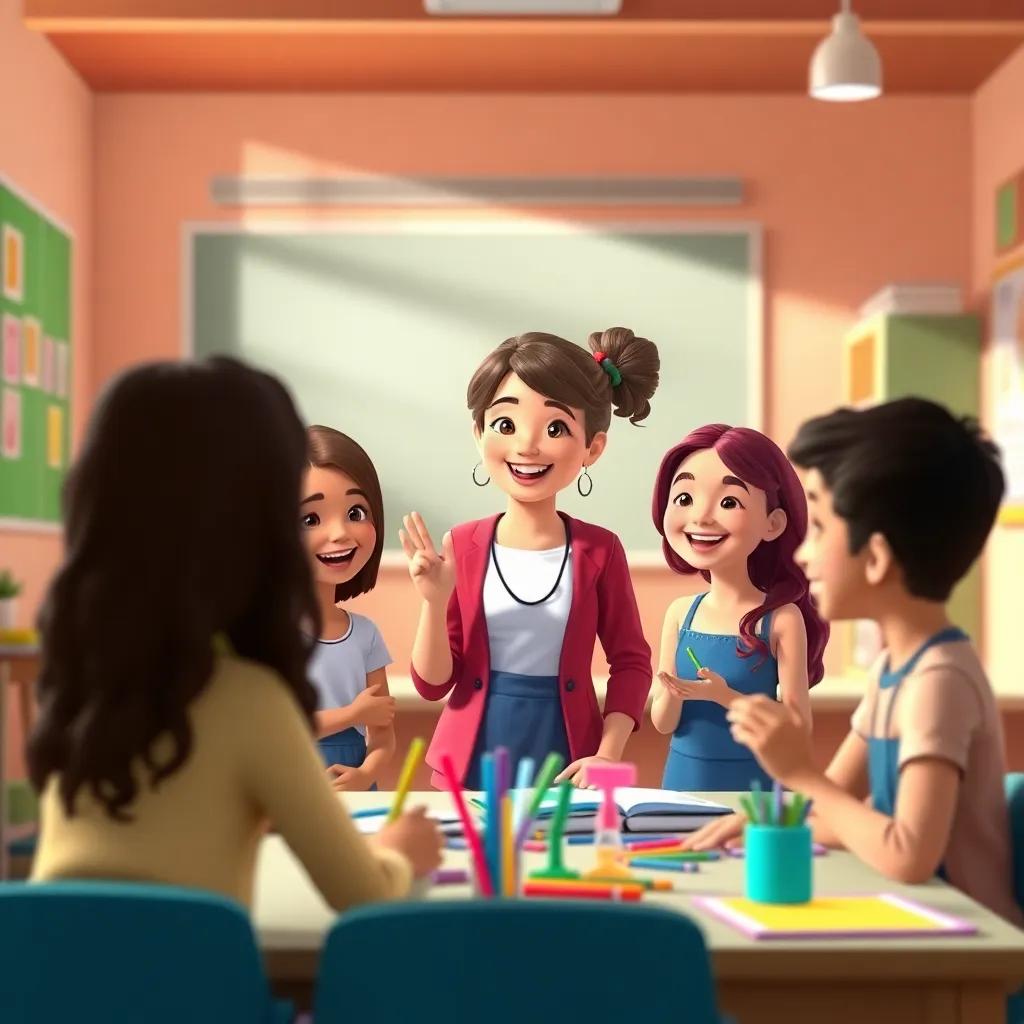 A joyful classroom scene with students of different ethnicities, including a happy teacher, Nadya, guiding them. The students are engaged and showing creativity, bright colors, cheerful atmosphere, child-friendly.