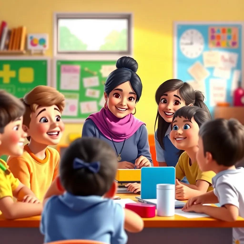 A warm classroom moment where the students are smiling and working together, with a supportive teacher, Nadya, encouraging them, bright colors, colorful learning environment, positive energy.