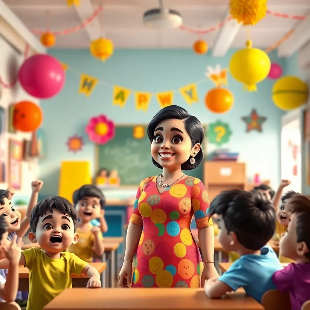 A bright classroom with colorful decorations, teacher Rana, a middle-aged Arab woman with short hair wearing a colorful dress, surrounded by excited students, digital art, cheerful atmosphere, warm colors, engaging perspective, high quality