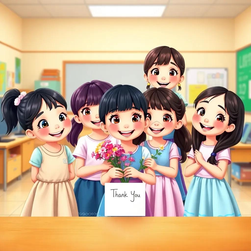 A group of cheerful young girls, with one holding flowers, standing in front of a desk with a thank-you card, classroom scene with bright walls and learning materials, vibrant colors, heartfelt atmosphere, high quality