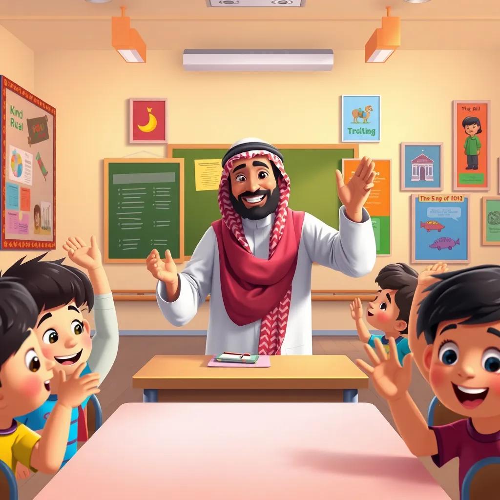 A classroom scene with a kind Arab man, Mr. Ali, teaching children, colorful posters on walls, children smiling and raising hands, digital art, warm colors, cheerful atmosphere, high quality