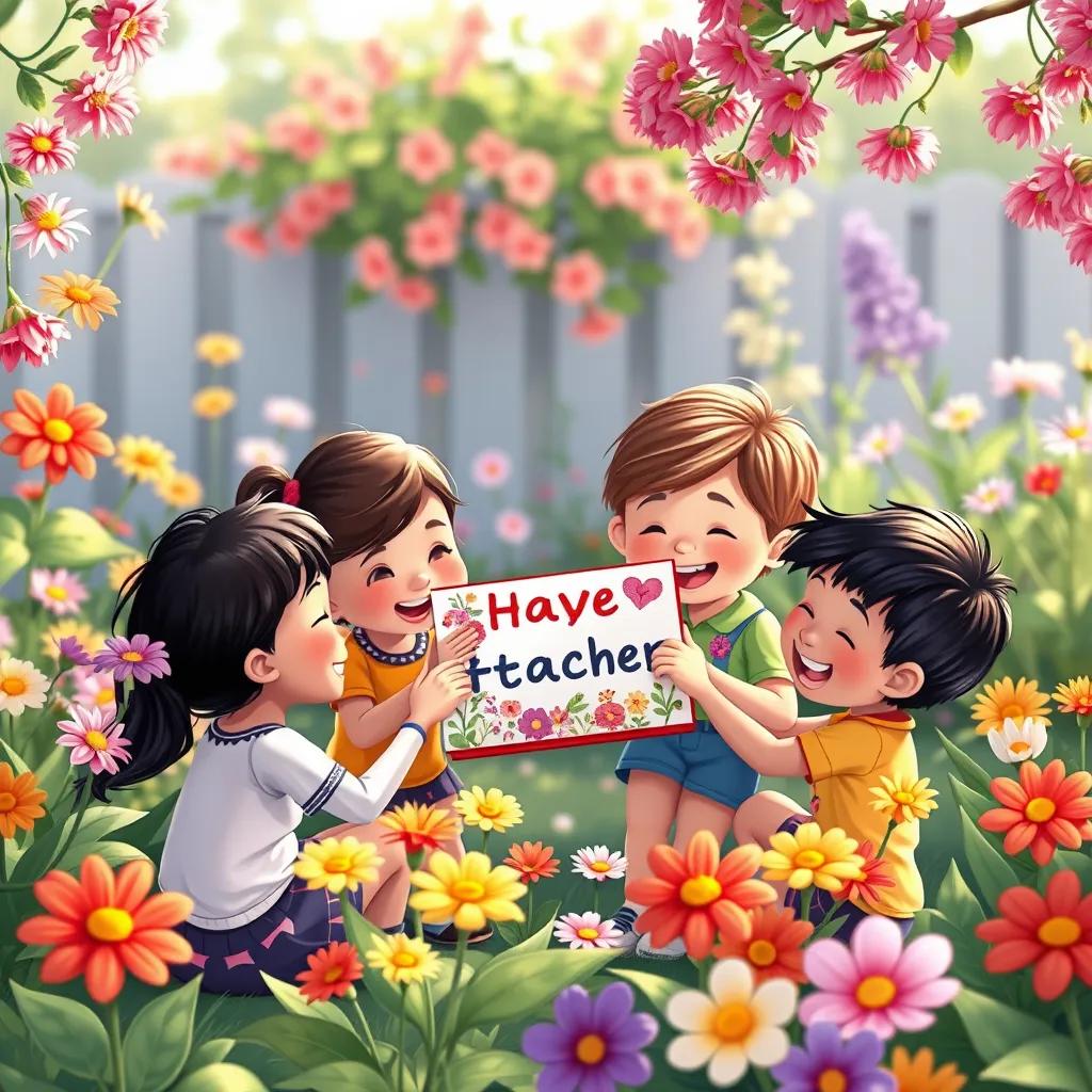Children in a garden, creating a beautiful card for their teacher, laughing and working together, bright flowers around, illustration, vibrant colors, heartwarming scene, high quality
