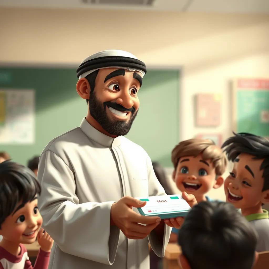 Mr. Ali, a middle-aged Arab man, receiving a card with a smile, children gathered around him happily, classroom background, soft light, joyful atmosphere, detailed digital art, high quality