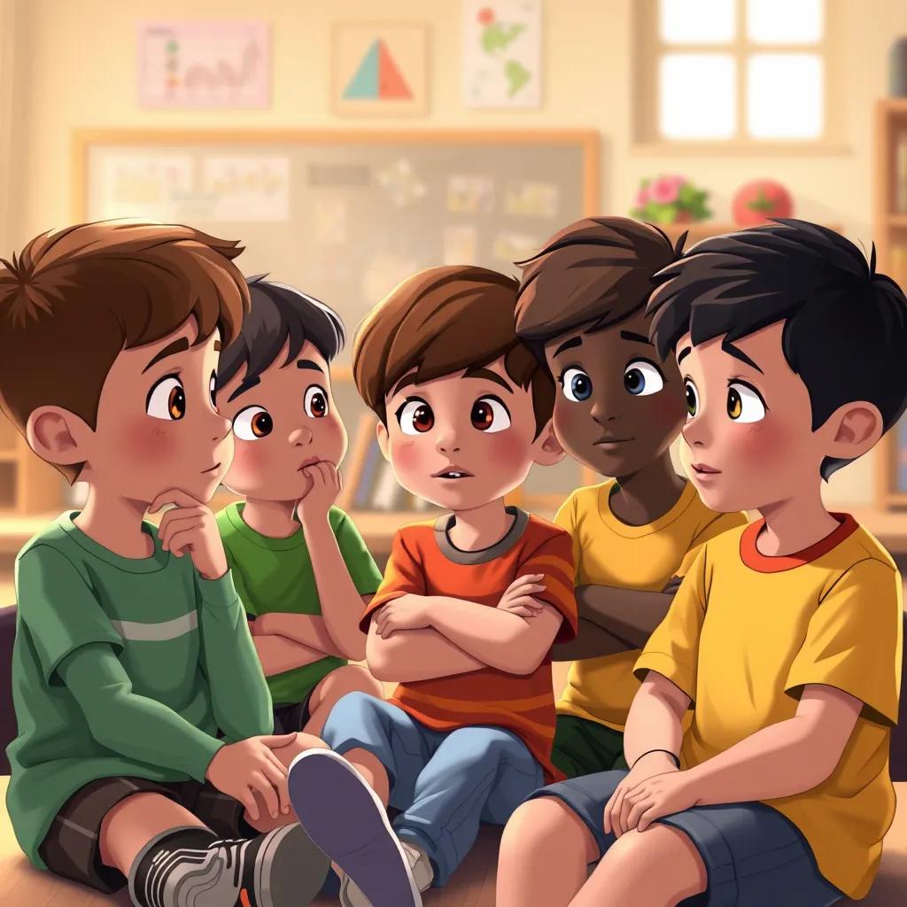 Children sitting together, discussing the importance of respect, with thoughtful expressions, classroom background, warm light, friendly atmosphere, illustration, high quality