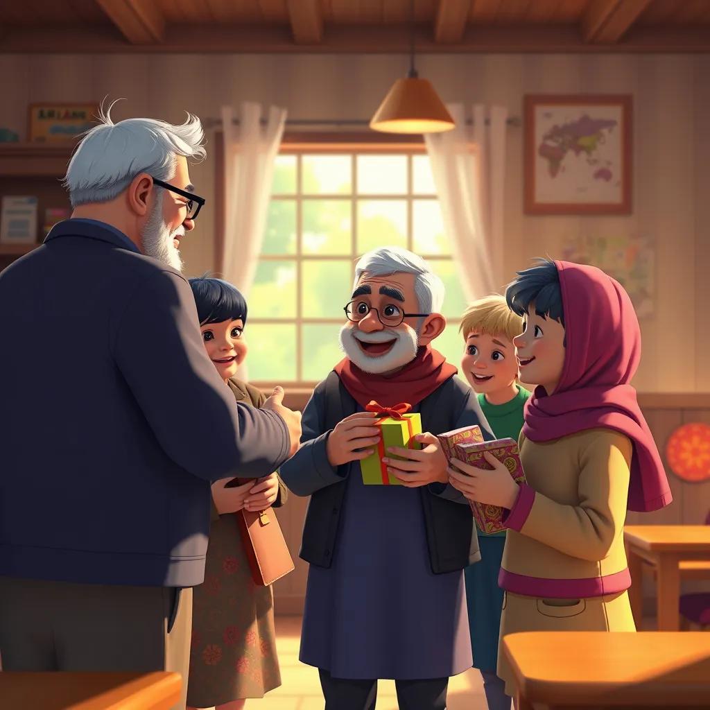 Older children visiting Mr. Ali, bringing gifts, smiling and reminiscing about school days, warm lighting, cozy school environment, nostalgia, digital art, high quality