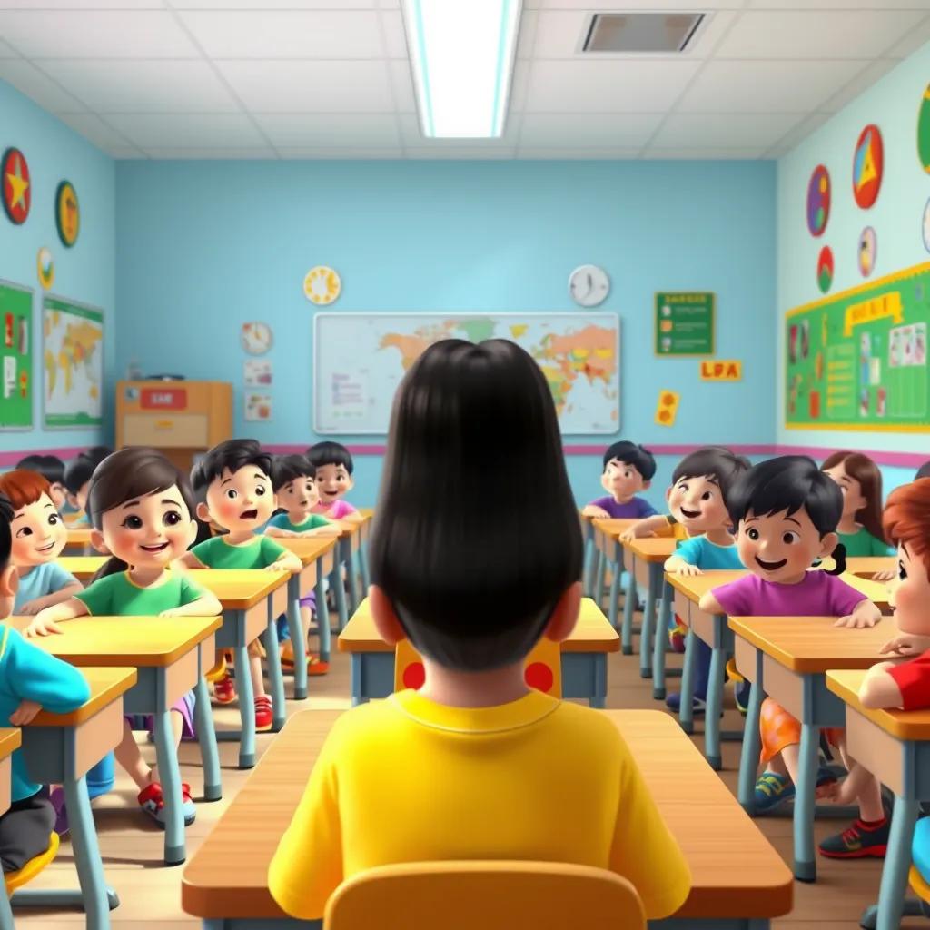 A cheerful classroom filled with children sitting at their desks, a teacher at the front guiding them, bright and colorful decorations on the walls, joyful atmosphere