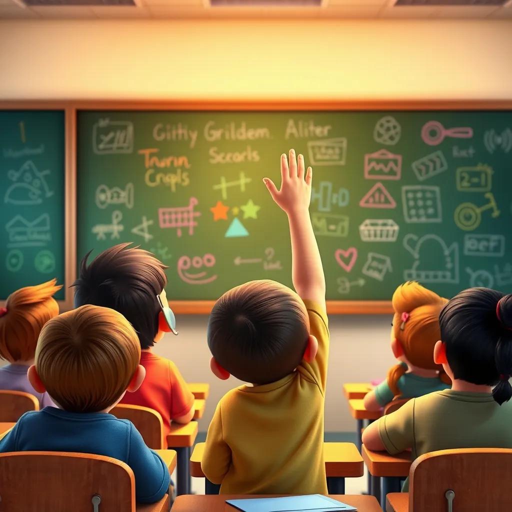 A classroom scene where a child is raising their hand to answer a question, others listening attentively, a chalkboard filled with colorful drawings, warm light