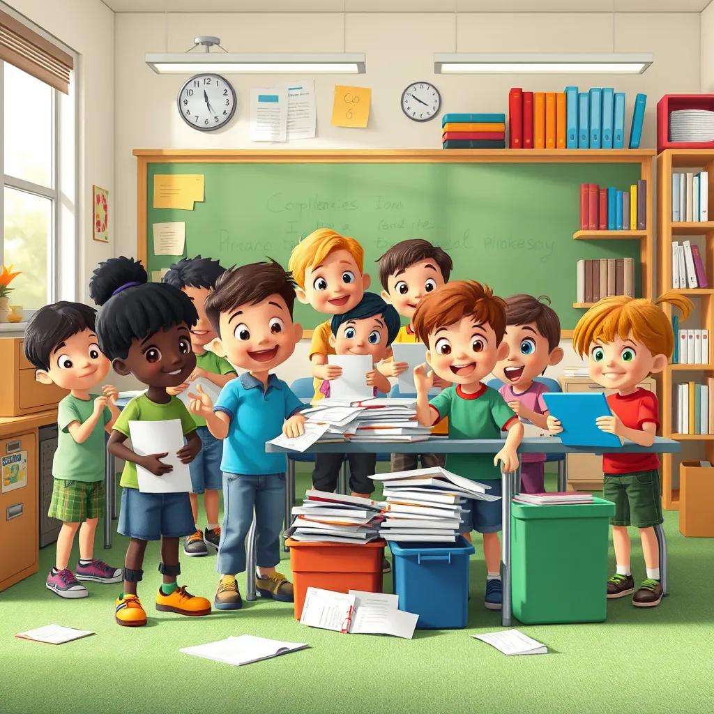 A diverse group of children working together to clean up their classroom, picking up papers and organizing books, showing teamwork and cooperation, positive atmosphere