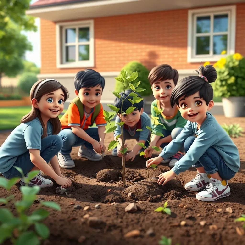 A group of students planting small trees outside their school, digging in the soil, demonstrating the importance of nature and respect, cheerful, bright day