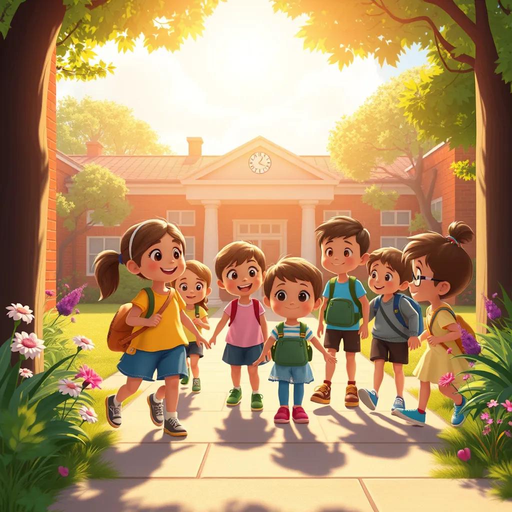 A sunny morning with children entering the school happily, interacting with each other in a friendly way, the school building in the background, bright and welcoming