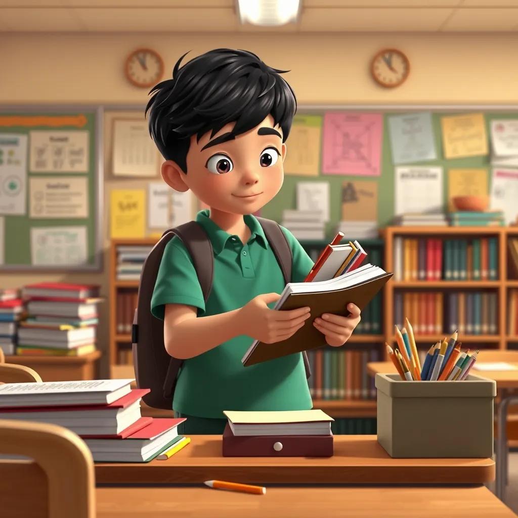 A student carefully handling school supplies and books, respecting shared materials, in a tidy classroom, warm colors and organization