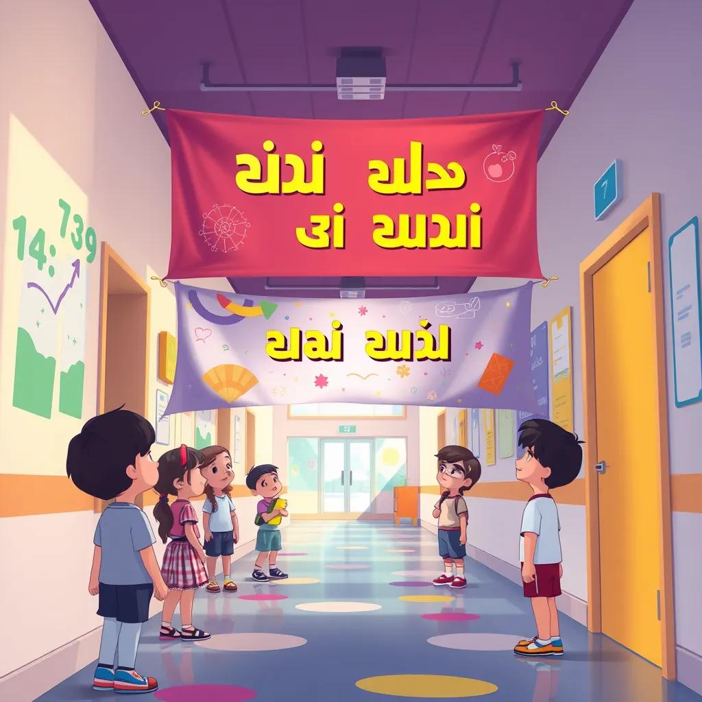A banner in the school hallway that says 'احترام قوانين المدرسة' with children admiring it, filled with vibrant colors and creative designs, inspiring environment