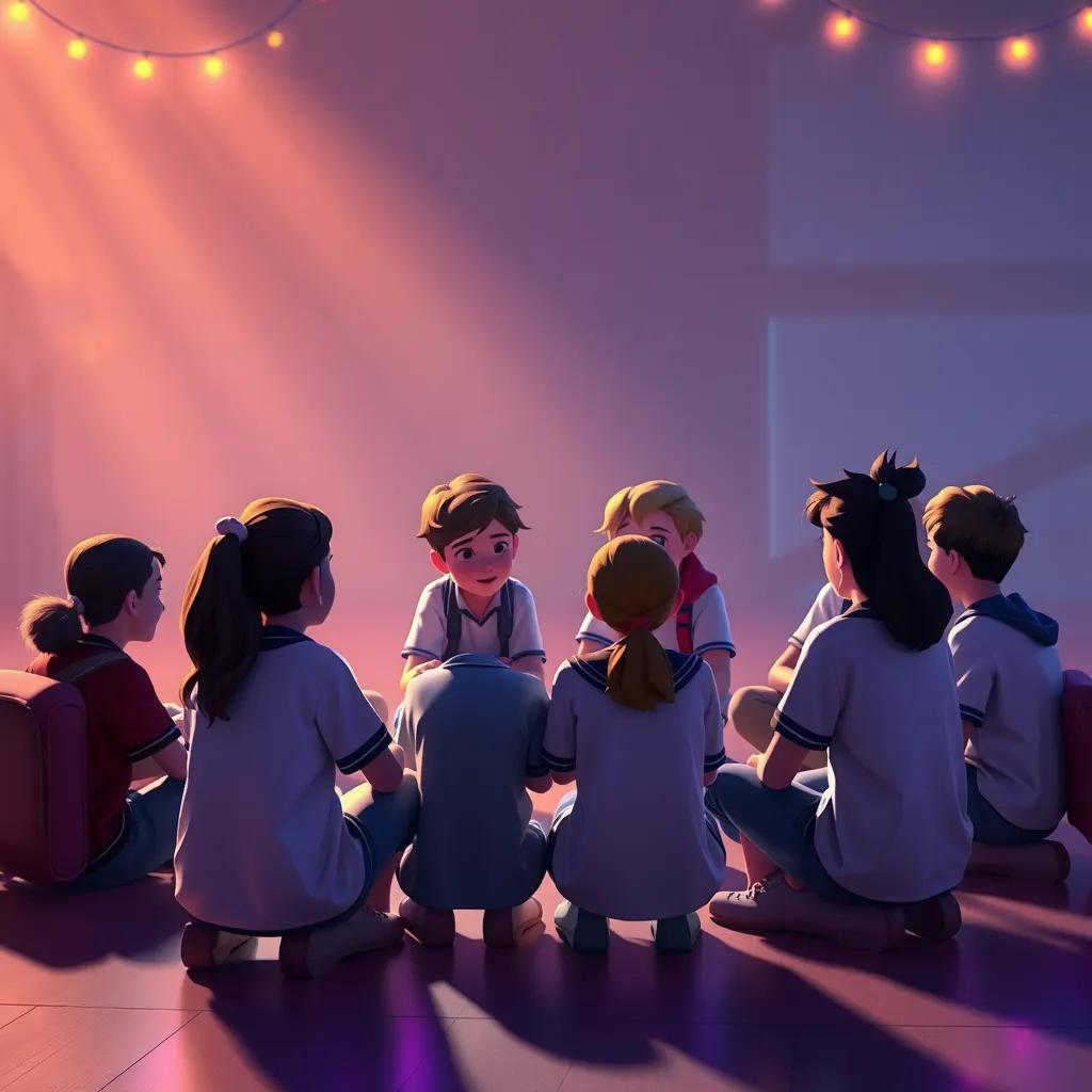 Students sitting together in a circle discussing respect and kindness, engaged in conversation, glowing light and a sense of community around them