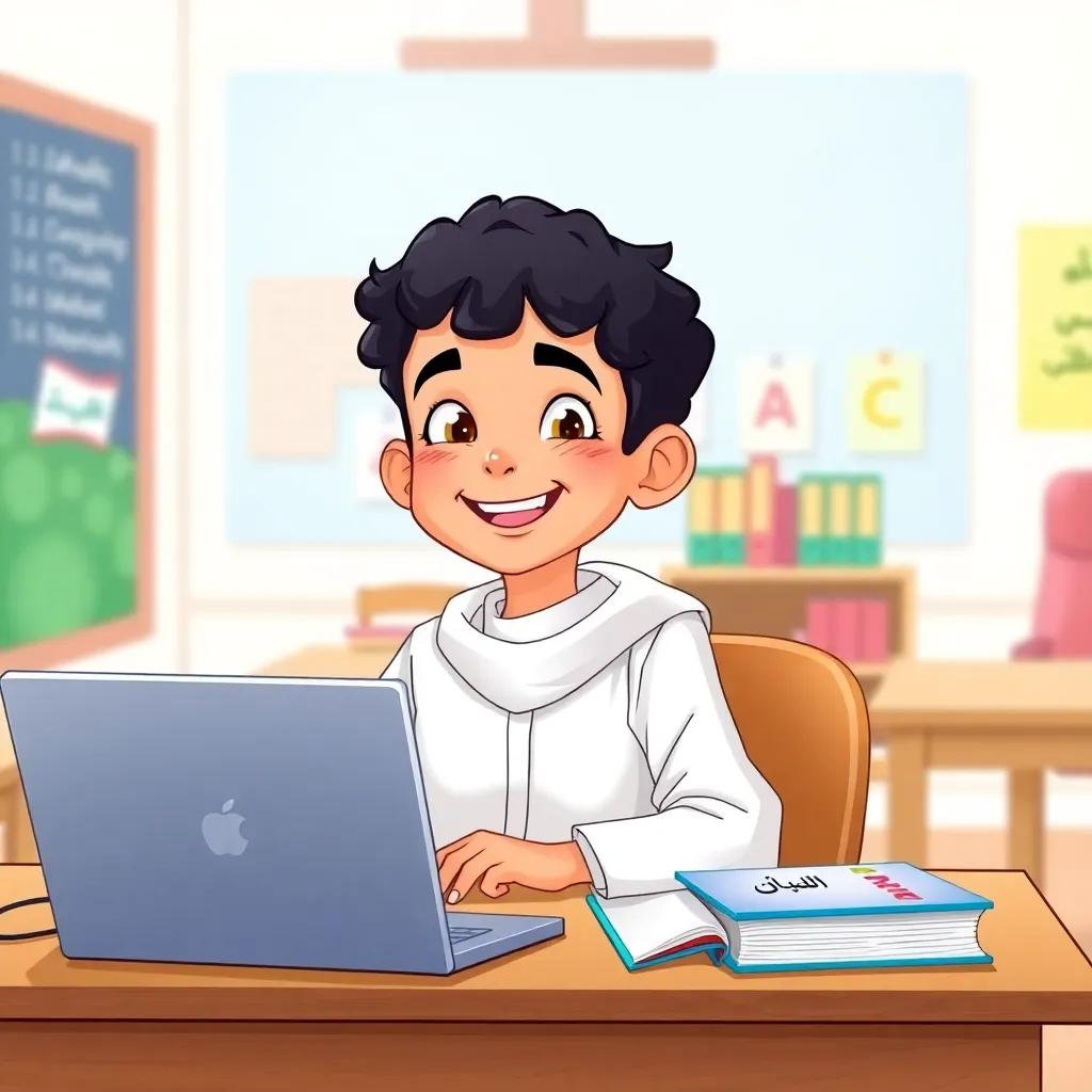 A young Omani boy, Omar, with short, curly black hair, wearing a white dishdasha, sitting at a wooden desk with Arabic books and a laptop, smiling with excitement, bright classroom background, digital art, colorful, inviting atmosphere, high quality