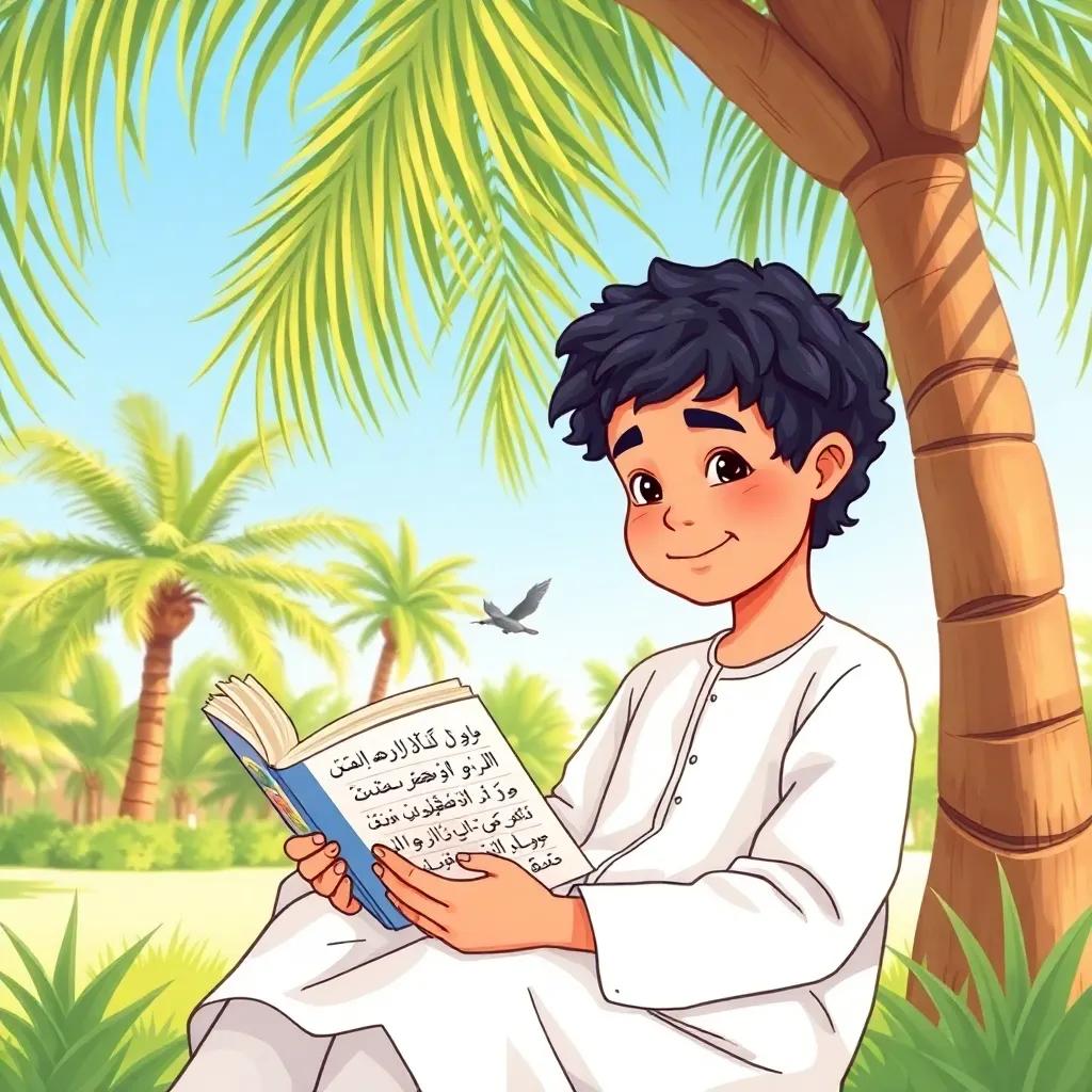 Omar, a young Omani boy, with short, curly black hair, wearing a white dishdasha, reading an Arabic grammar book under a palm tree in a sunny garden, pages fluttering in the breeze, illustration, cheerful, outdoors, vibrant colors, child-friendly