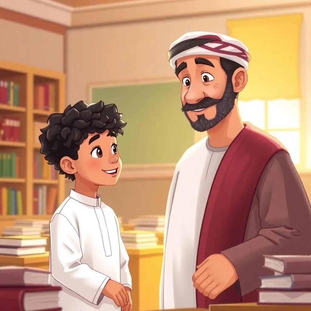 Omar, a young Omani boy, with short, curly black hair, in a white dishdasha, talking to his teacher, a middle-aged Omani man with a kind face and a traditional kumma, in a classroom filled with books, digital art, educational atmosphere, warm light