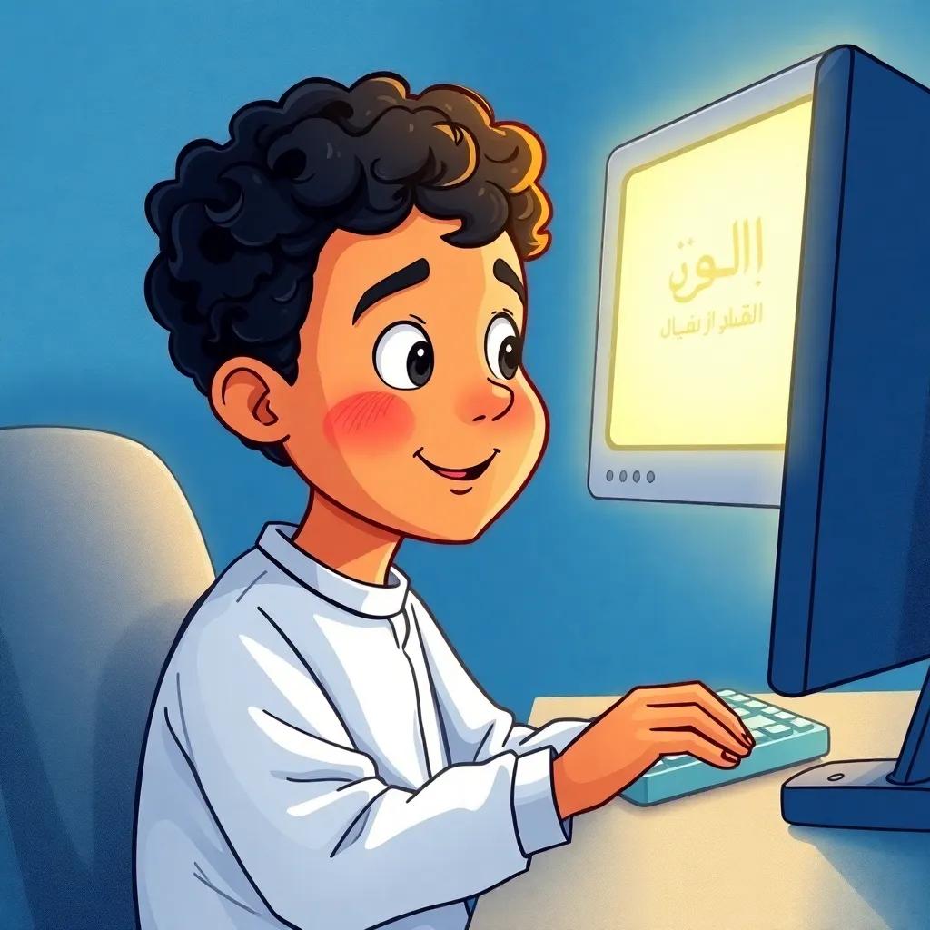 Omar, a young Omani boy, with short, curly black hair, wearing a white dishdasha, sitting in front of a computer, amazed while using AI to learn Arabic, glowing screen with Arabic script, illustration, technology-themed, engaging, bright colors