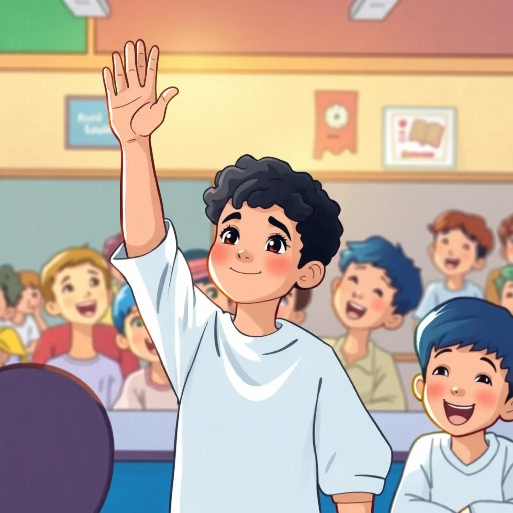 A young Omani boy, Omar, with short, curly black hair in a white dishdasha, raising his hand confidently in a classroom filled with students, their faces bright with excitement, illustration, lively atmosphere, children learning together, warm light