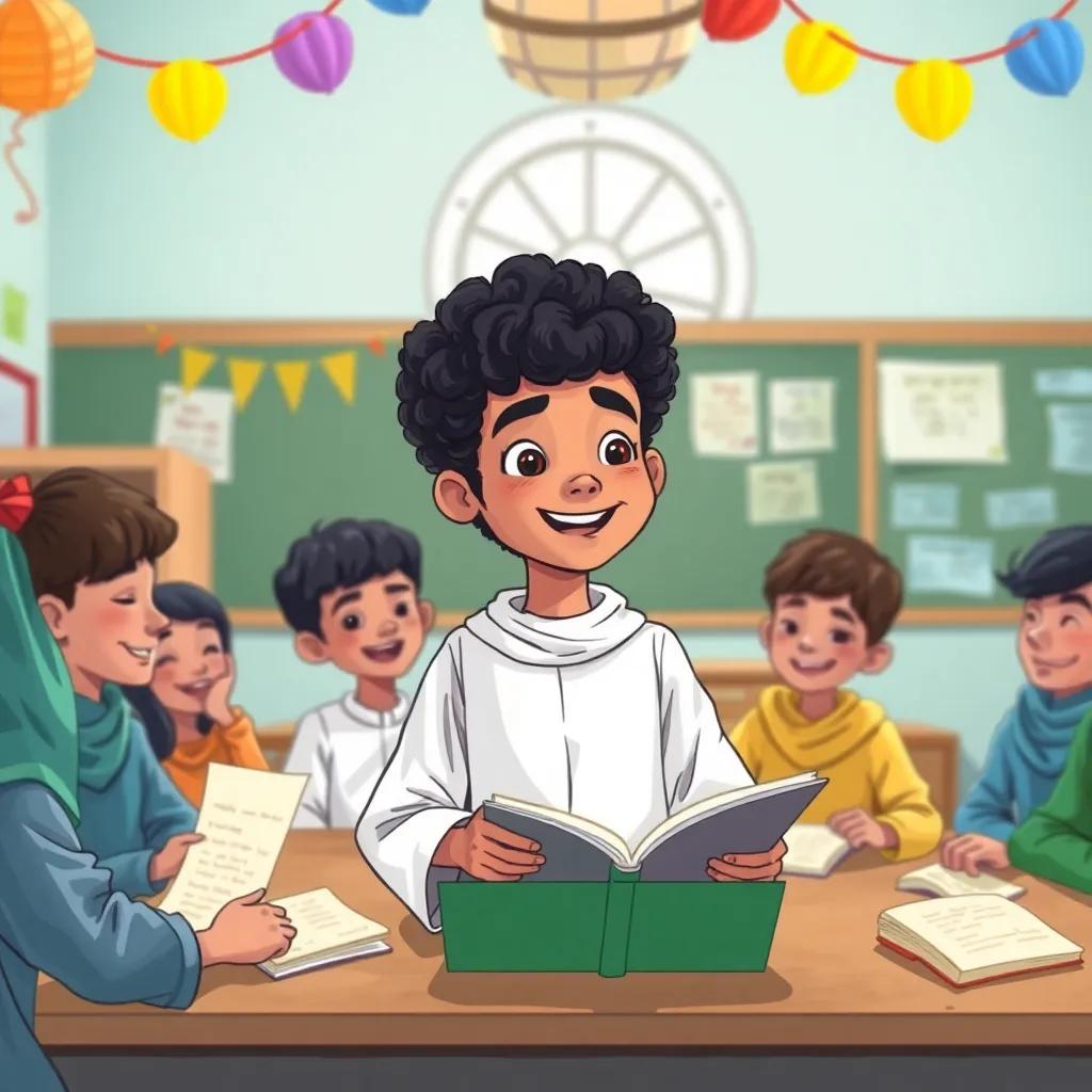 Omar, a young Omani boy with short, curly black hair and a white dishdasha, leading a poetry competition with friends in a classroom, colorful decorations, papers with poems scattered around, joyful expressions, digital art, fun, vibrant