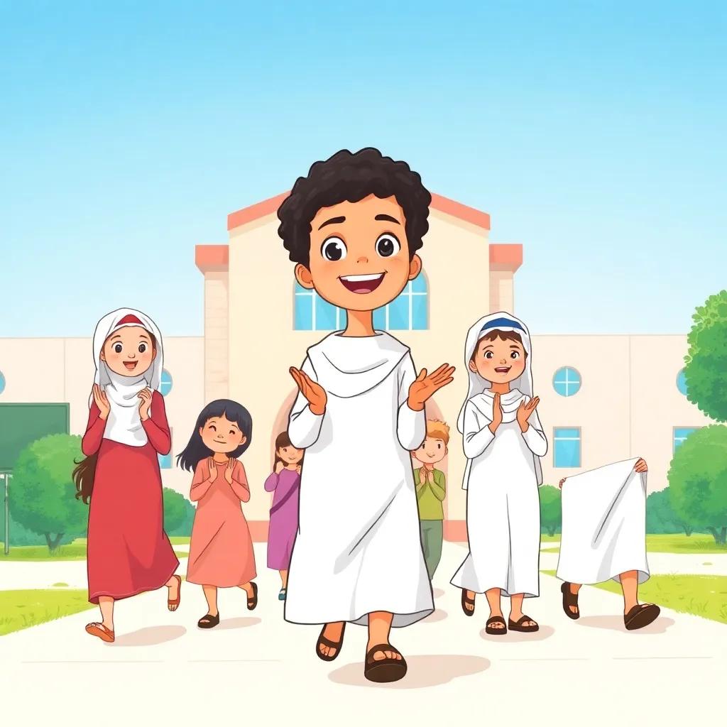 Omar, a young Omani boy, with short, curly black hair, wearing a white dishdasha, clapping along with friends, walking towards the school building under a clear blue sky, illustration, cheerful, collaborative spirit, bright colors