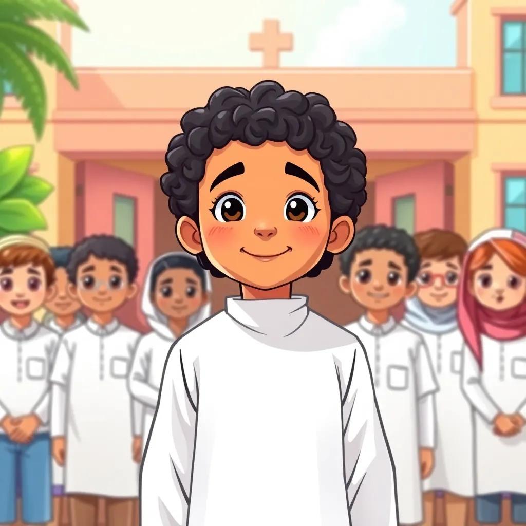 Omar, a young Omani boy, with short, curly black hair in a white dishdasha, standing proudly with his class in front of the school, showcasing their work, digital art, sunny day, high quality, inspiring atmosphere
