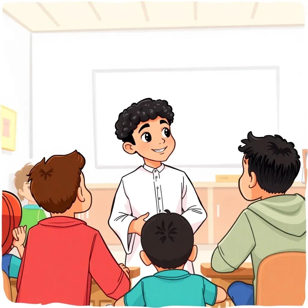 Omar, a young Omani boy, with short, curly black hair in a white dishdasha, sharing his experience with a group of eager students in a bright classroom, motivation and enthusiasm in the air, digital art, inviting setting, colorful
