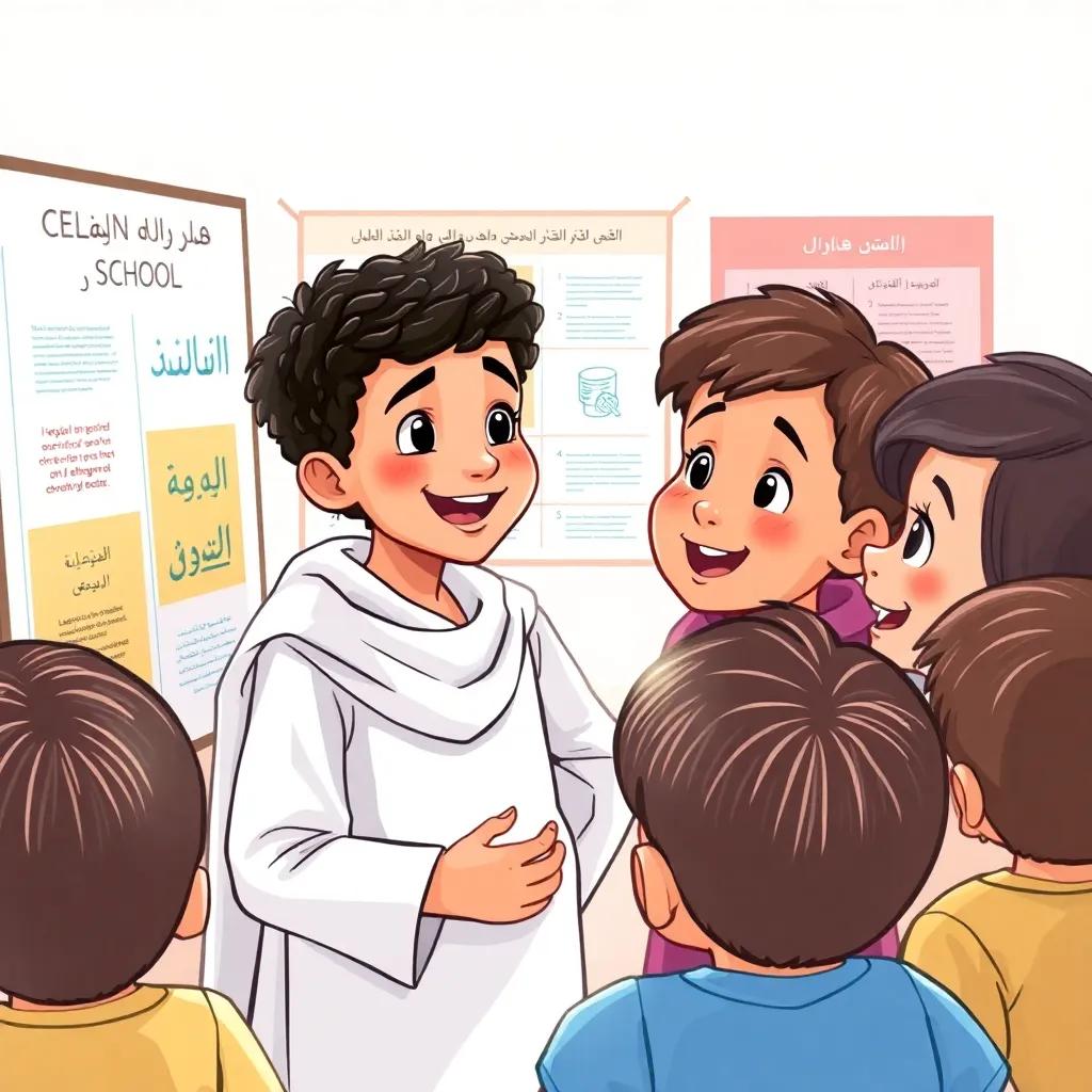 A group of excited children, including Omar, a young Omani boy with short, curly black hair in a white dishdasha, engaging with a display of Arabic language projects at the school, bright colors, celebration of knowledge, digital art