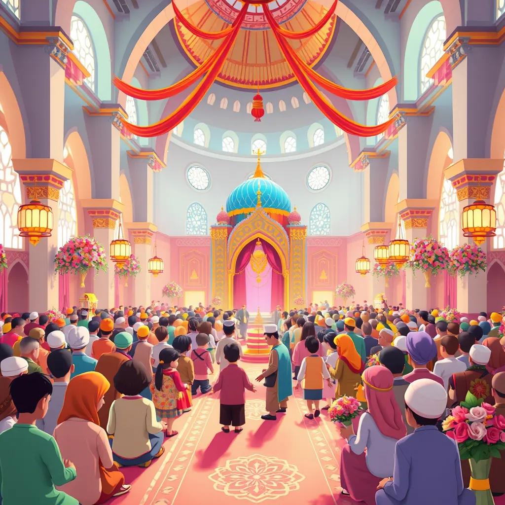A mosque filled with people during the celebration, with colorful decorations and beautiful floral arrangements, illustration, warm light, inviting, child-friendly