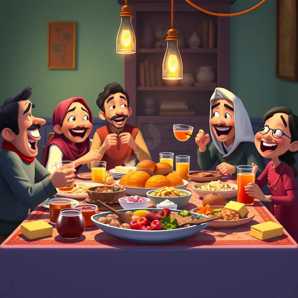 A delicious feast spread on the table, featuring traditional sweets and drinks, with Ali and his family happily sharing and laughing together, colorful, heartwarming, inviting imagery