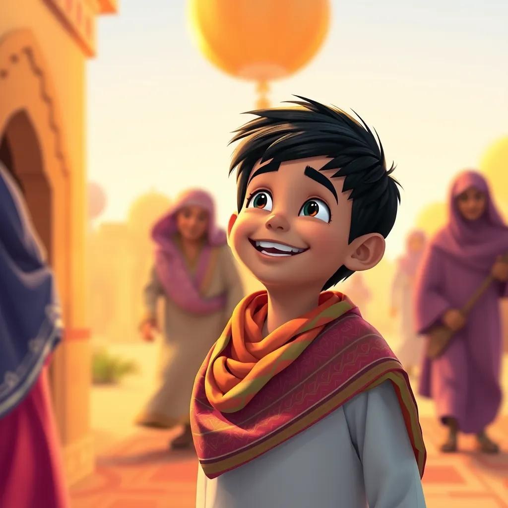 Ali, a young Arab boy with short black hair in a colorful thobe, returning home with a big smile, thankful for the wonderful day of celebration, warm colors, uplifting, happy