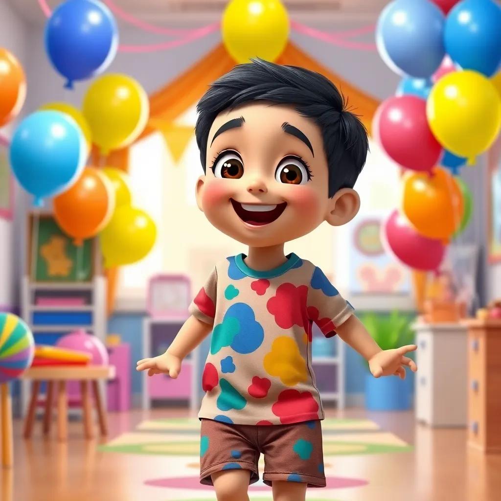 A young Arab boy, Saber, with short black hair wearing a colorful t-shirt and shorts, excitedly entering a decorated kindergarten filled with balloons, playful atmosphere, digital art, bright colors, joyful setting, high quality