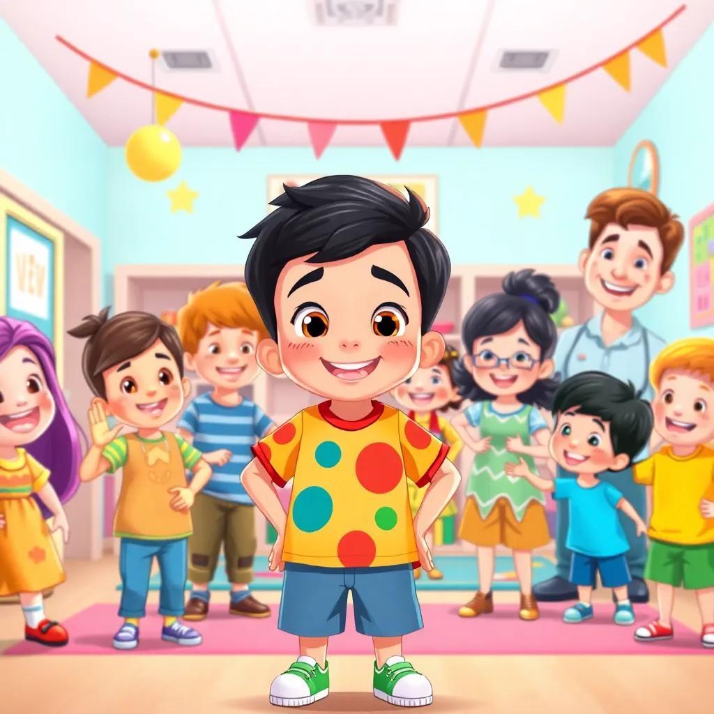 Saber, a young Arab boy with short black hair in a colorful t-shirt and shorts, surrounded by cheerful friends and a smiling teacher, celebrating in the kindergarten with games, vibrant colors, illustration, cheerful and inviting scene, child-friendly, high quality