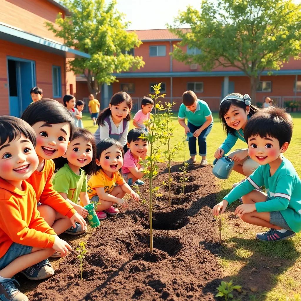 A vibrant school yard with smiling children wearing colorful clothes planting trees, teachers digging holes, parents watering saplings, bright sunny day, cheerful atmosphere, digital art, warm colors, joyful scene, high quality