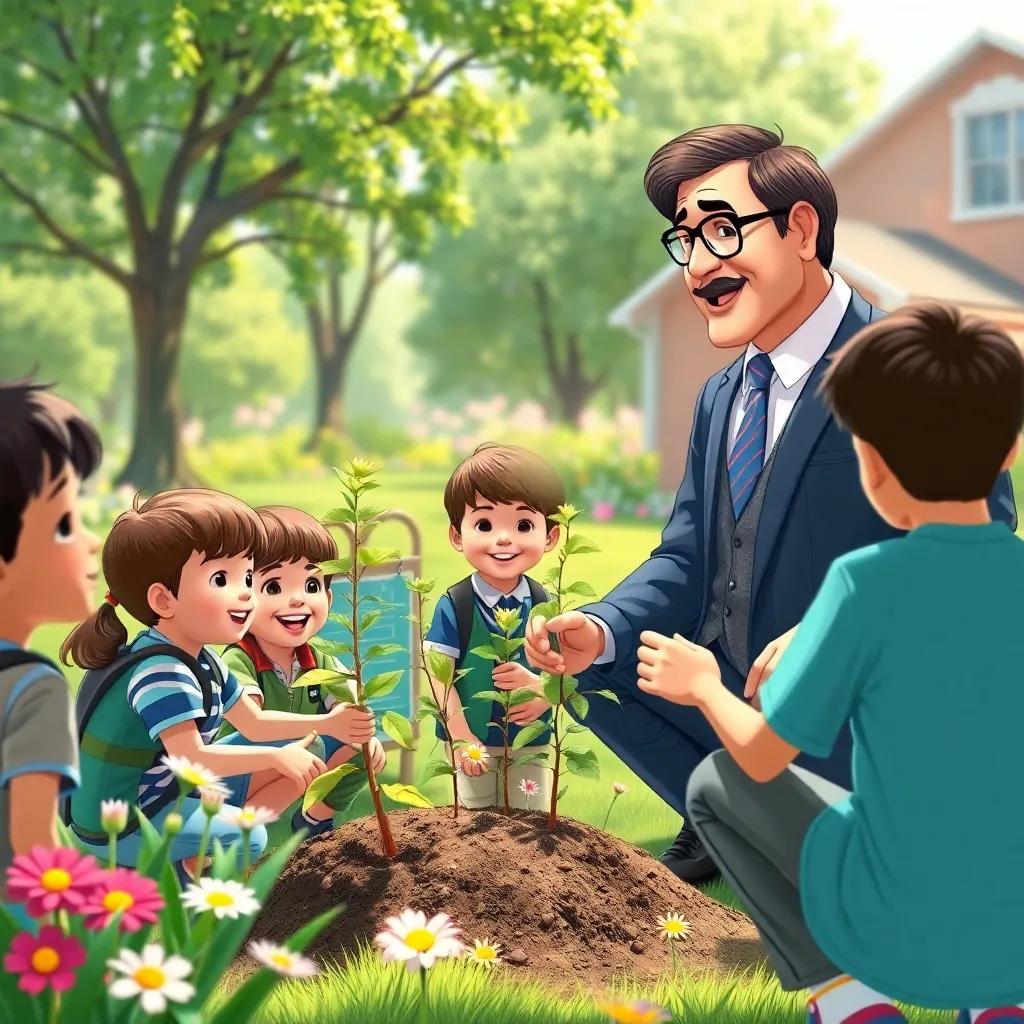 A caring school principal encouraging children as they plant trees, surrounded by greenery and blooming flowers, sunny day, inspiring scene, high quality