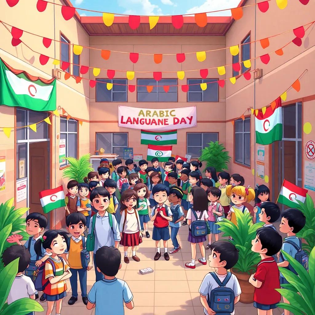 A vibrant schoolyard filled with students celebrating Arabic Language Day, with colorful decorations and banners, cheerful atmosphere, detailed illustration, bright colors, outdoor viewpoint, high quality, inviting scene