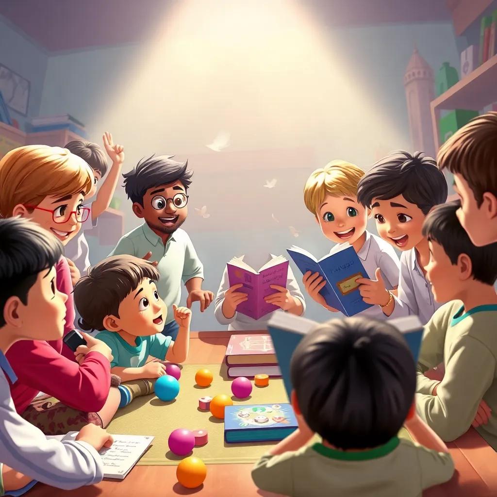 A lively scene of students playing games and reading Arabic stories, with excitement in the air, surrounded by teachers encouraging them, artistic style, vivid colors, engaging perspective, high quality, joyful interactions