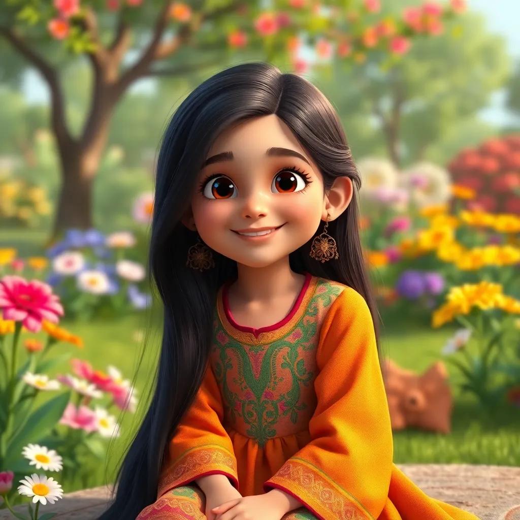 Mariam, a young Omani girl, with long, dark hair wearing a traditional Omani dress, sitting in a colorful garden with flowers and trees, joyful expression, digital art, bright colors, cheerful atmosphere, high quality