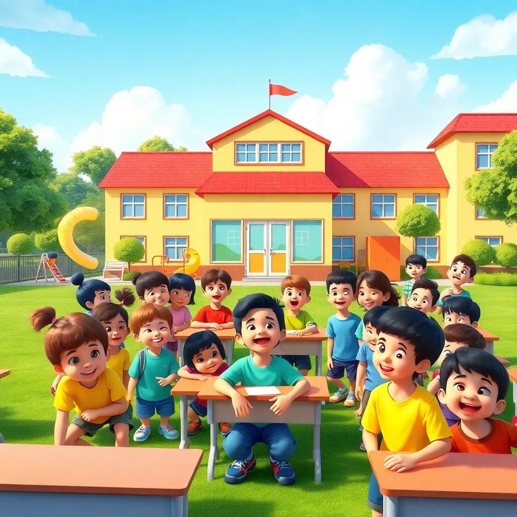 A fourth-grade classroom in the morning assembled for the daily assembly, colorful playground outside, students excited and smiling, school building in the background, digital art, bright colors, cheerful and energetic atmosphere, high quality