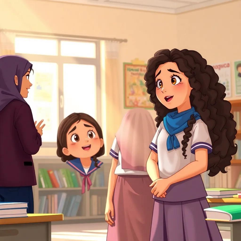 Two girls, Meryam and her classmate, standing in front of their Arabic teacher excitedly talking, Meryam has long curly hair wearing a school uniform, light skin, classroom filled with books and posters, bright sunlight streaming in, illustration, colorful and lively, engaging view, high quality