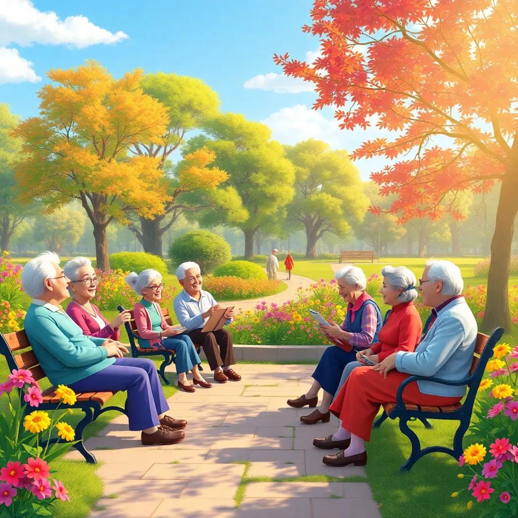 A sunny park filled with elderly people sitting on benches, laughing and sharing stories, with colorful flowers and trees, illustration, warm colors, joyful atmosphere, heartwarming scene, high quality