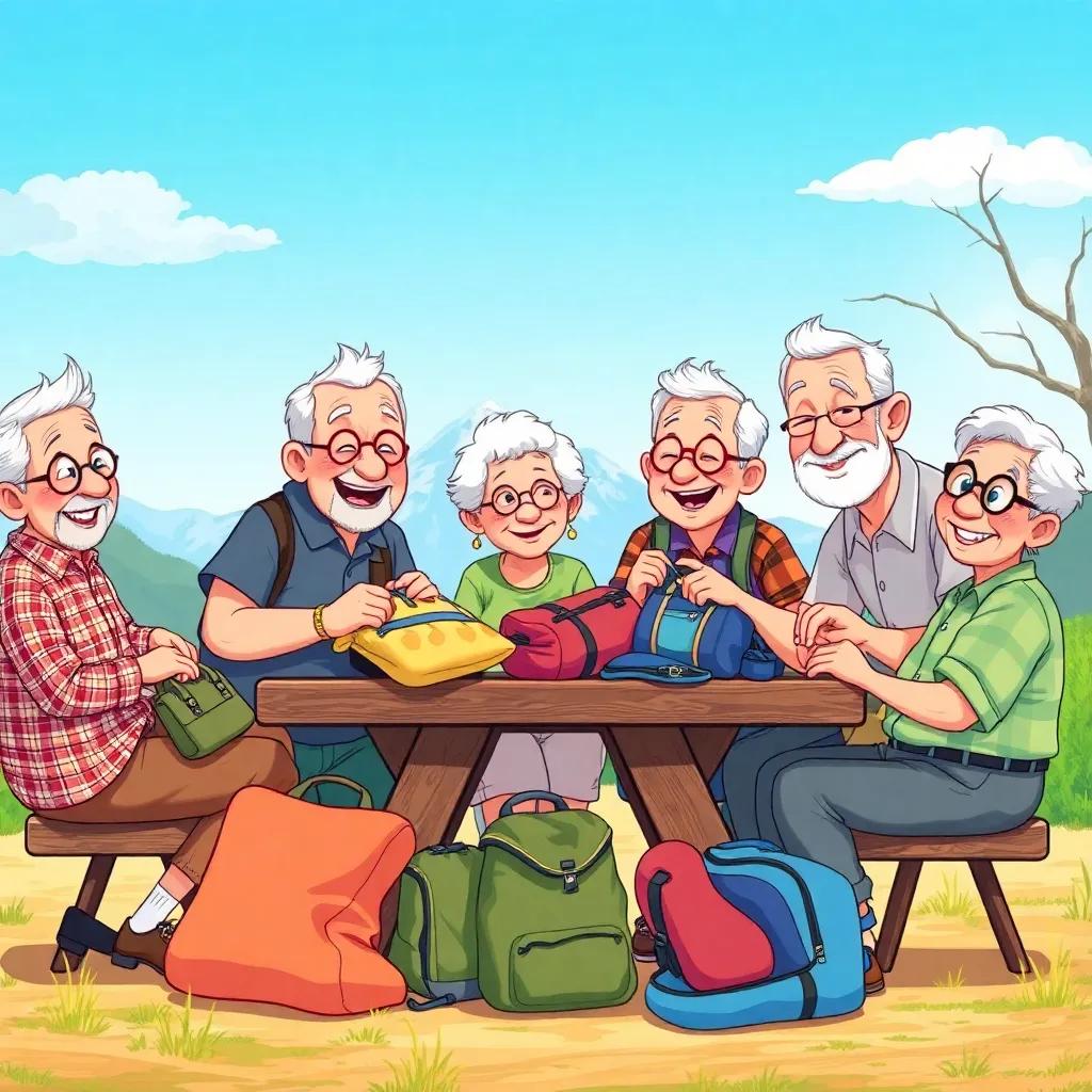 An elderly group preparing for a small trip to the mountains, joyfully packing bags with hiking gear, sitting around a picnic table, bright blue sky above, illustration, lively, cheerful mood, vibrant colors, high quality