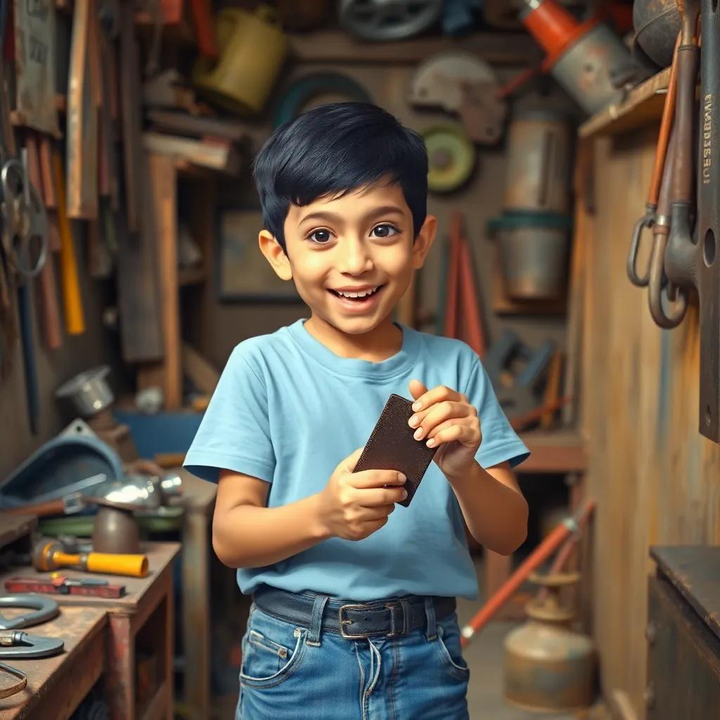 Ahmed, an 11-year-old Arab boy, with short black hair, wearing a light blue t-shirt and jeans, in a small workshop filled with scraps of metal and tools, looking excited while holding a piece of metal, digital art, bright colors, cheerful atmosphere, engaging perspective, high quality