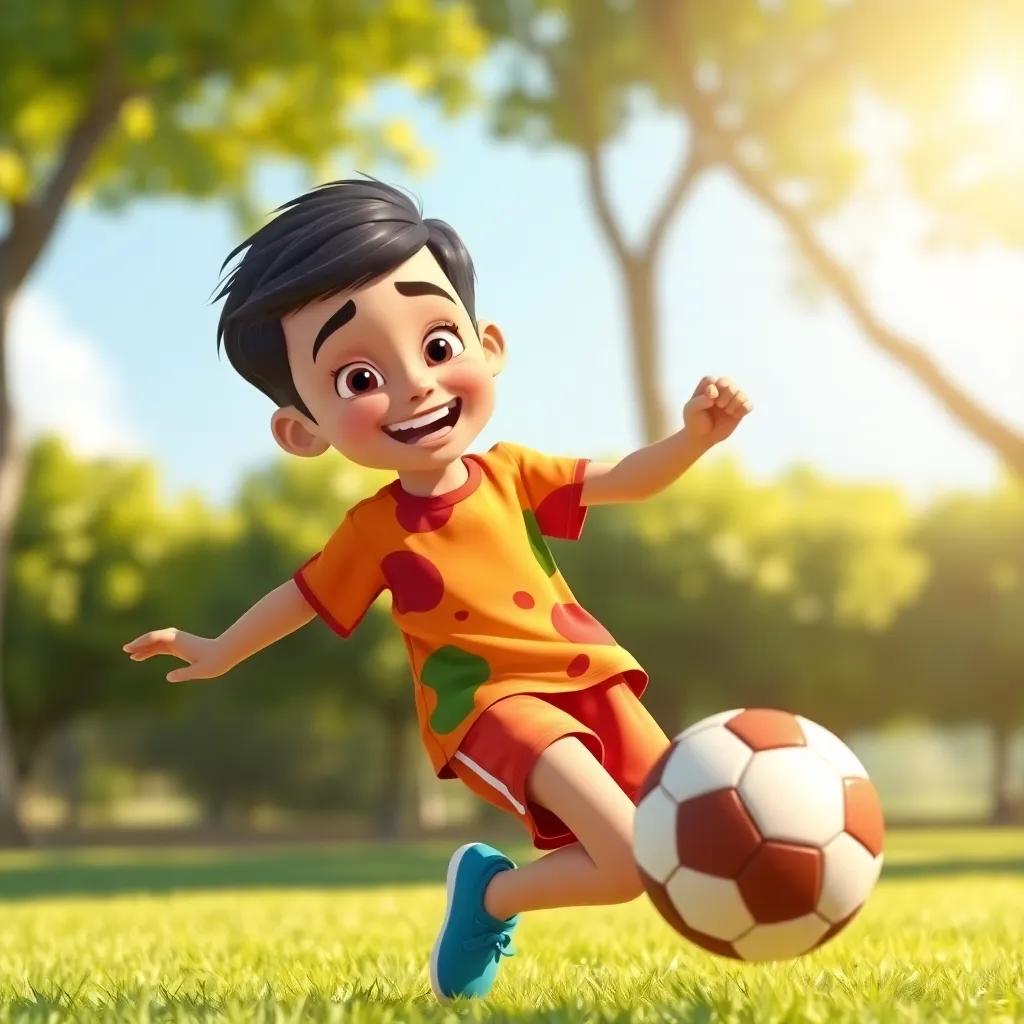 A young Arab boy, Ahmed, age four, with short black hair, wearing a colorful t-shirt and shorts, kicking a soccer ball in a sunny park, playful atmosphere, joyful expression, bright colors, family-friendly, digital art, vibrant, high quality