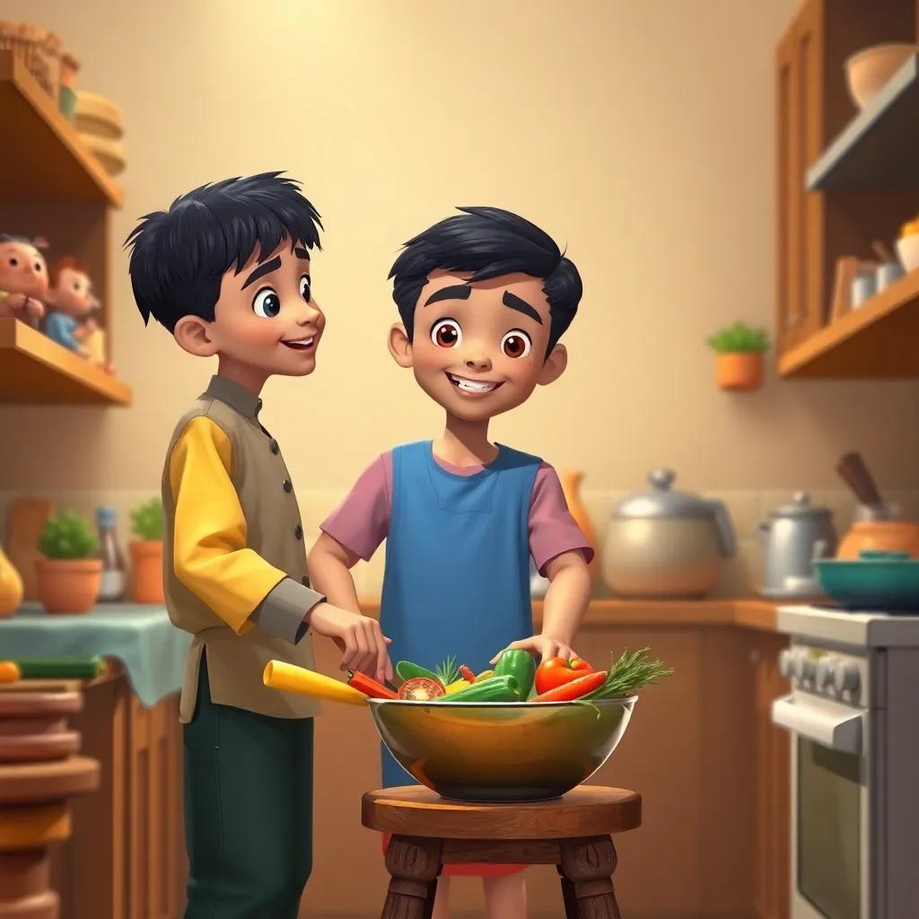Ahmed, a young Arab boy with short black hair, helping his mother in the kitchen, standing on a stool, stirring a bowl with colorful vegetables, warm lighting, family atmosphere, cheerful, digital art, inviting, high quality