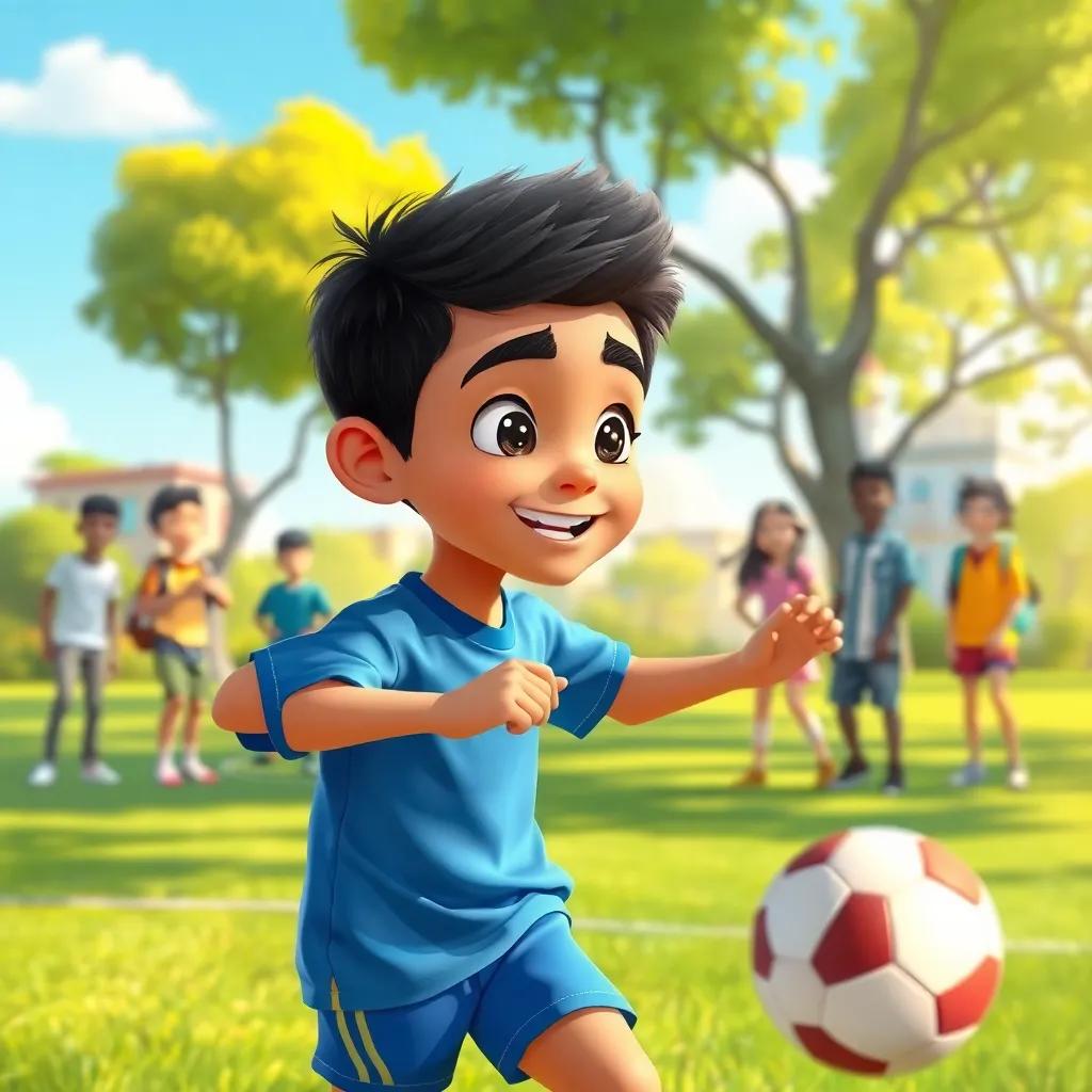A young Arab boy, Ahmed, with short, dark hair wearing a blue sports shirt and shorts, practicing soccer on a sunny day at a local park, filled with friends cheering him on, digital art, vibrant colors, joyful atmosphere, high quality