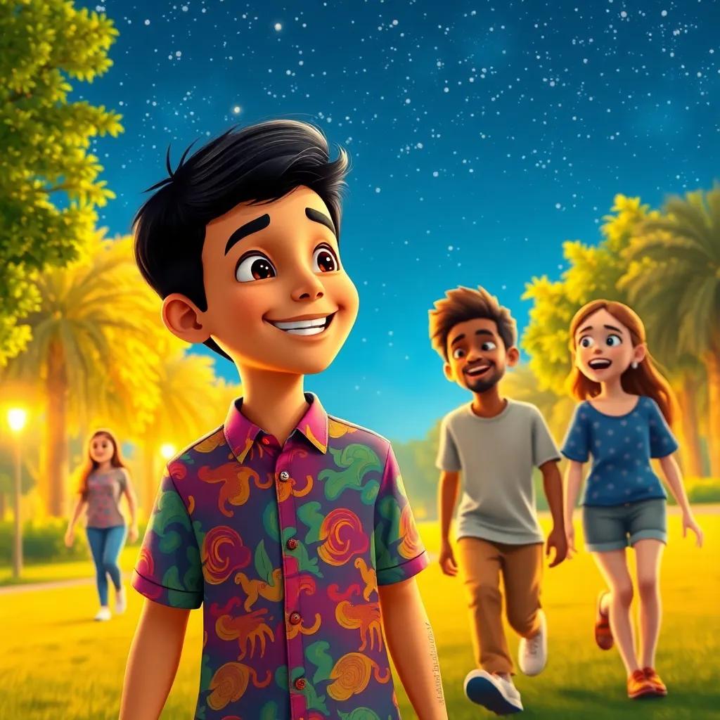Ahmed, a young Arab boy with short black hair in a colorful shirt, walking with friends in a park under the starry sky, laughing and sharing imaginative stories about space, joyful scene, warm lighting, vibrant colors, high quality