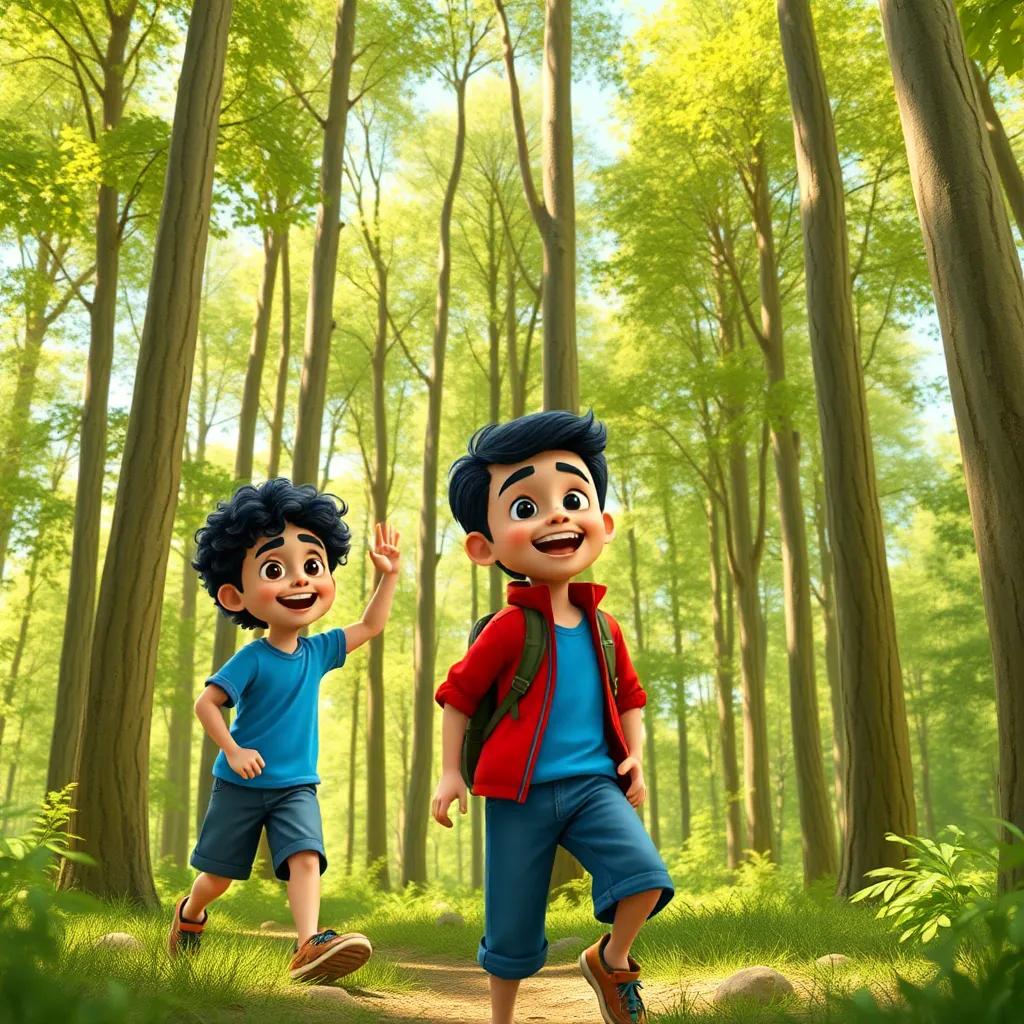 A sunny forest with tall trees, two young Arab boys, Ahmed and Waleed, excitedly exploring the woods. Ahmed has curly dark hair and wears a blue t-shirt and shorts, while Waleed has straight black hair with a red shirt and jeans, vibrant atmosphere, adventure theme, digital art, bright colors, cheerful setting, high quality
