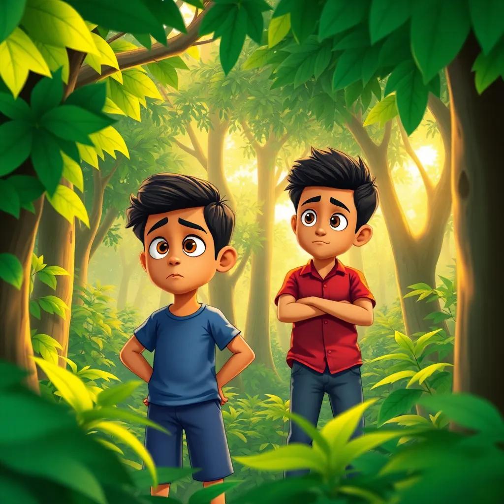 Ahmed and Waleed looking puzzled in a dense forest, with lush green trees surrounding them. Ahmed looks worried, wearing a blue t-shirt and shorts, and Waleed looking concerned in a red shirt and jeans, soft golden light filtering through leaves, expressive emotions, illustration, engaging, vibrant colors, high quality