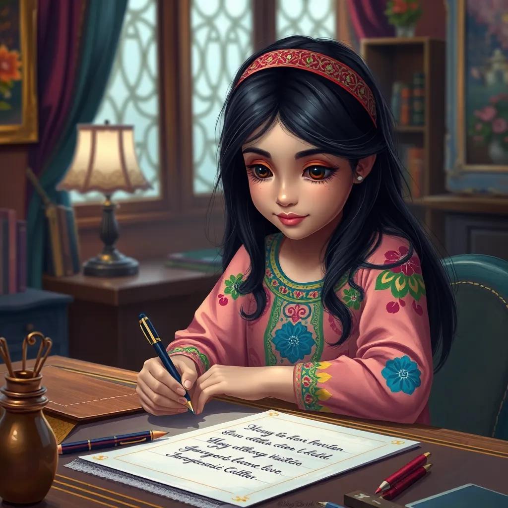 A young Arab girl, Salma, with long, dark hair, wearing a colorful dress, sitting at a desk experimenting with a magical pen, words correcting automatically on paper, cozy indoor setting, digital art, colorful, inviting atmosphere, high quality